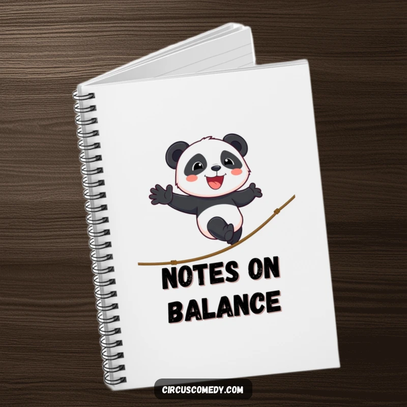Funny panda notebook with a cover featuring a smiling panda walking a tightrope with cheerful determination, ideal for focused note-taking.