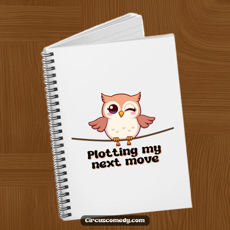 A winking owl balancing on a tightrope, inspiring insightful notes in this humorous and wise notebook.