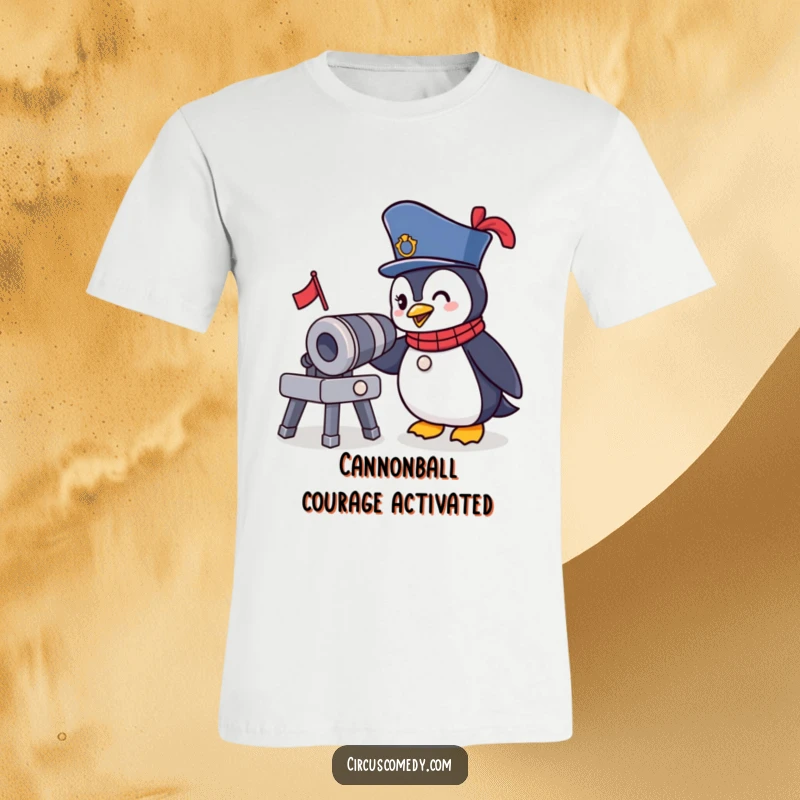 Funny Ringmaster Penguin T-Shirt: A brave penguin in a circus outfit winks with a tiny cannon, perfect for a hilarious gift.