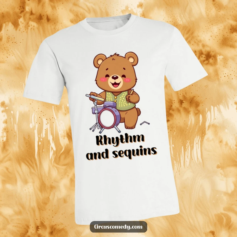 Funny bear in a sequined vest energetically playing a tiny drum set, grinning widely, perfect for music fans.