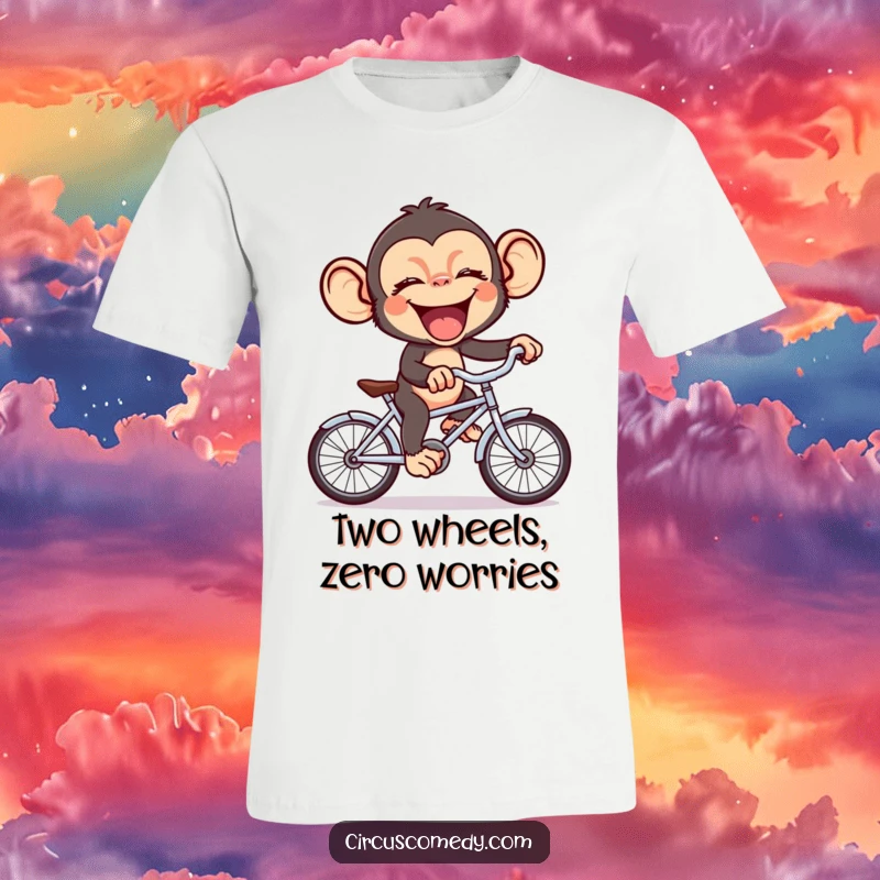 Funny chimp hilariously riding a tiny bicycle with a wide, contagious giggle, showcasing pure primate joy on a t-shirt.