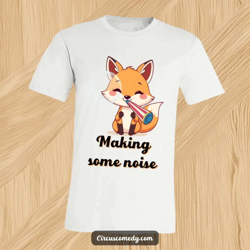 Funny fox t-shirt depicting a cheerful fox blowing a giant bubble from a large circus whistle, embodying carefree fun and mischief.