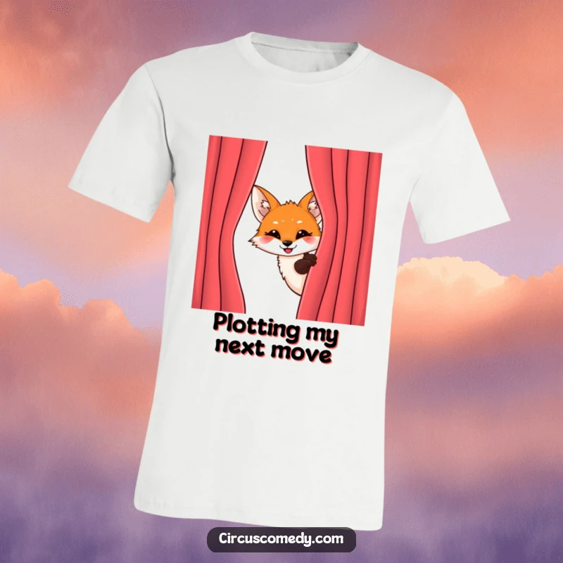 Funny Fox Peeking T-Shirt: A sneaky fox peeks from behind a velvet curtain with a mischievous, excited grin, ideal for funny gifts.