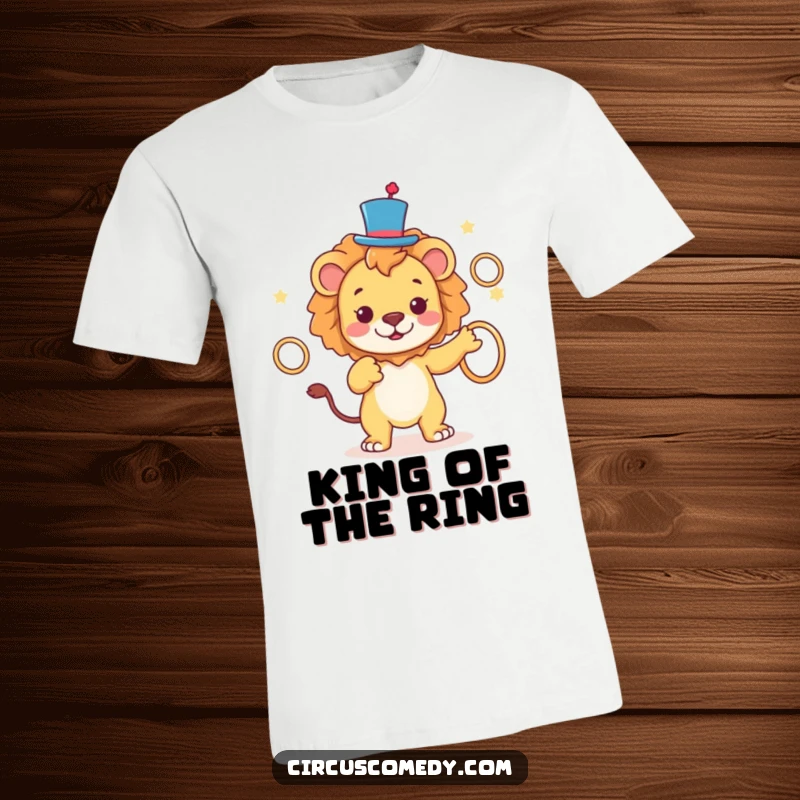 Funny Lion Top Hat T-Shirt depicting a playful lion wearing a small top hat and juggling golden rings, a funny and classy gift.