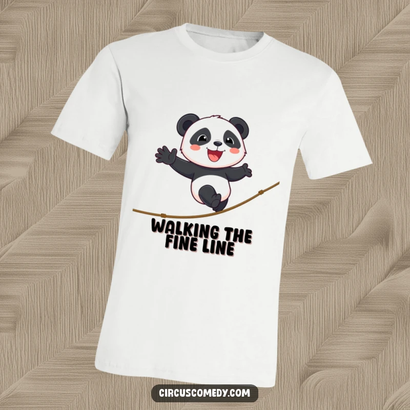 Funny panda t-shirt depicting a smiling panda with cheerful determination, masterfully navigating a suspended tightrope in a bold display.