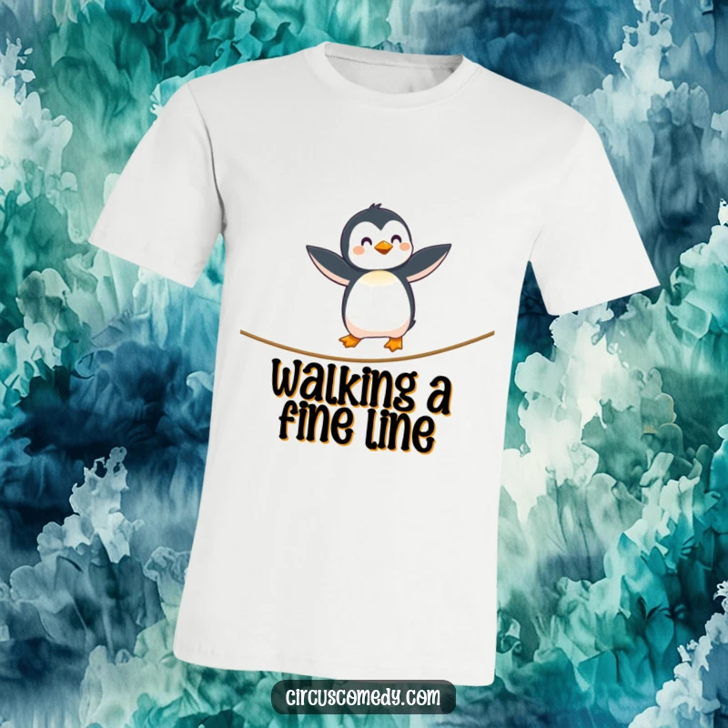 Funny Penguin Tightrope T-Shirt depicting a curious penguin with outstretched wings carefully walking a high wire, a humorous and adventurous gift.