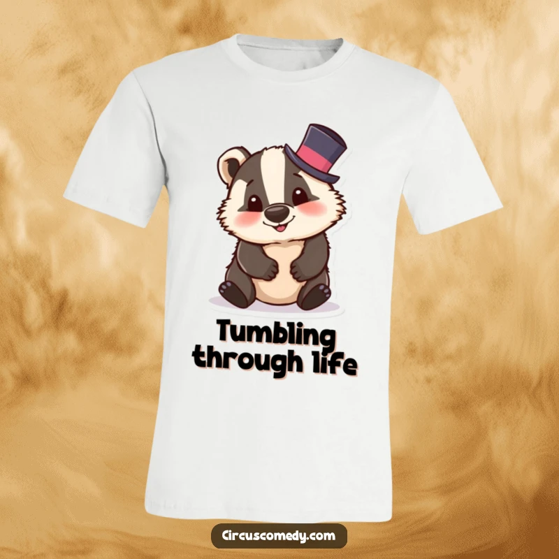 Funny badger t-shirt depicting a silly badger in a tiny top hat, caught mid-tumble with a comical and joyful expression.