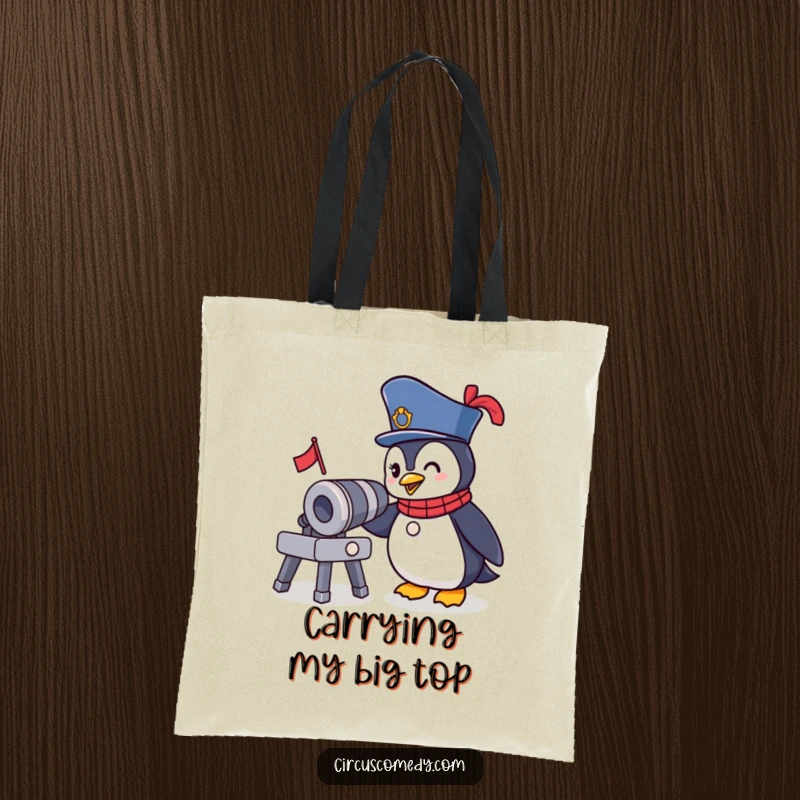 Funny Ringmaster Penguin Tote Bag: A brave penguin in a circus outfit winks at a tiny cannon, a humorous and practical tote.