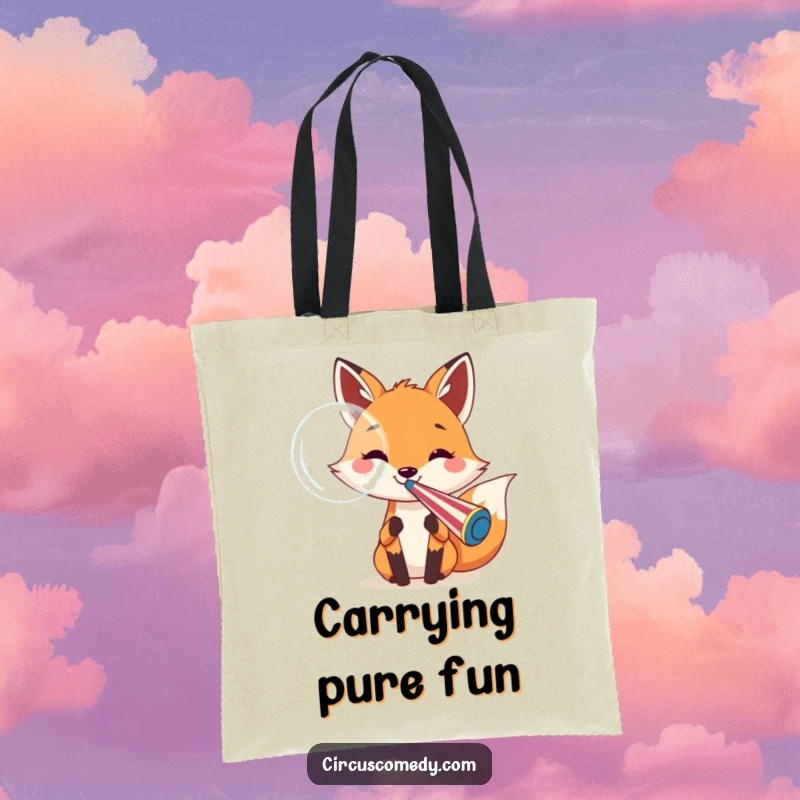 Funny fox tote bag showing a cheerful fox blowing a large bubble from a circus whistle, a fun and functional accessory.