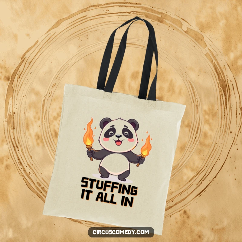 A happy panda skillfully juggling flaming torches, a humorous and dynamic tote bag for carrying your essentials.