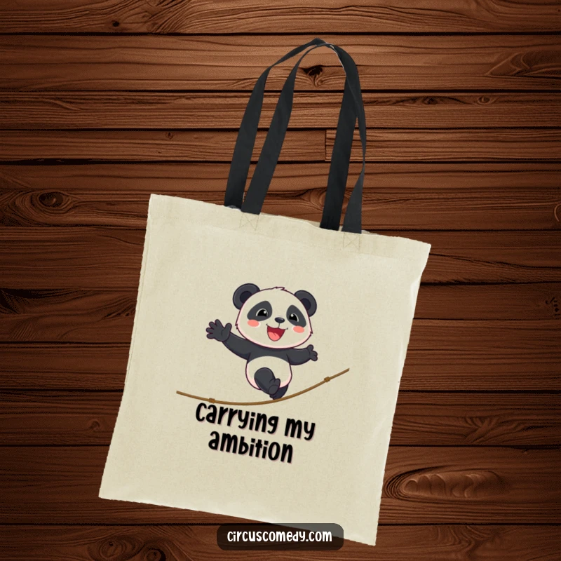 Funny panda tote bag showing a smiling panda walking a tightrope with cheerful determination, a stylish and functional accessory.