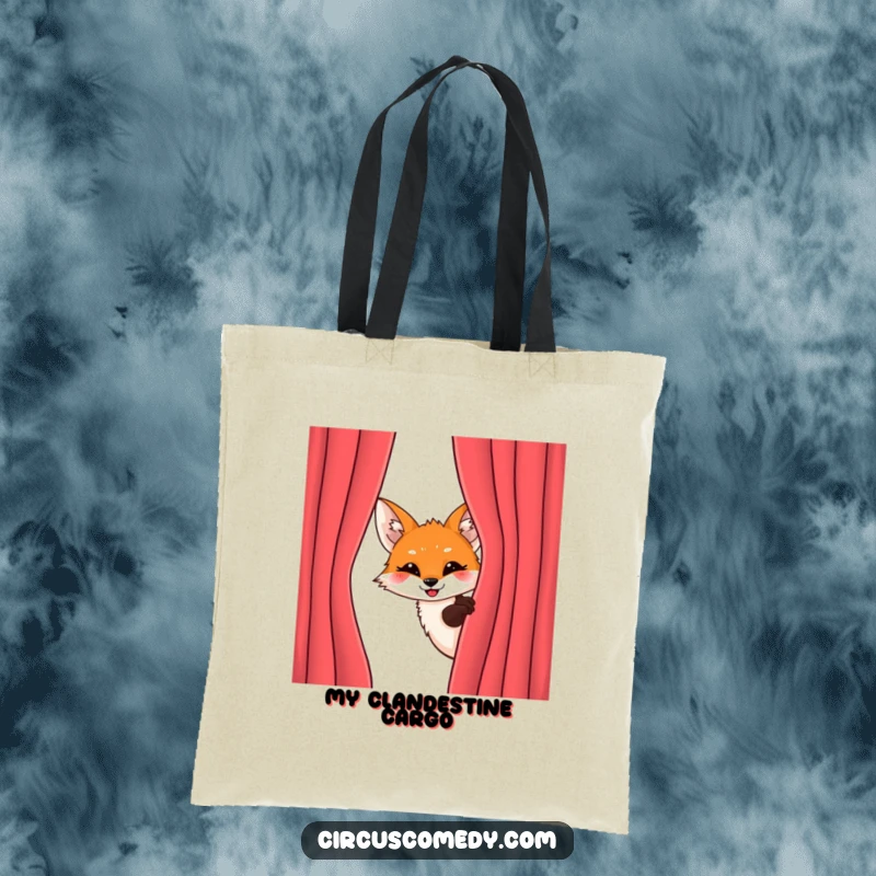 Funny Fox Peeking Tote Bag: A mischievous fox peeks from behind a velvet curtain with an excited grin, a funny tote for secrets.